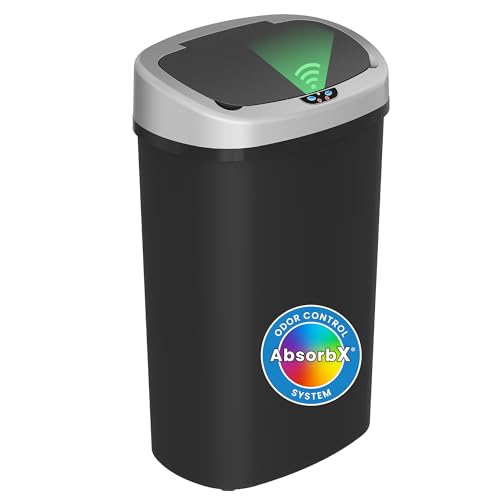 iTouchless 13 Gallon Oval Sensor Kitchen Trash Can with Odor Filter System, Durable Dent-Proof Automatic Lid Plastic Garbage Bin, Great Waste Bin for Home, Office, Business, Slim Space-Saving, Black