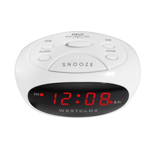 Image of Westclox Super-Loud LED Electric Alarm Clock with 0.6 inch Digital Display, Adjustable Alarm Volume, 9-Minute Snooze & Battery Backup - Standard Digital Clock for Bedroom, Home or Office (White)
