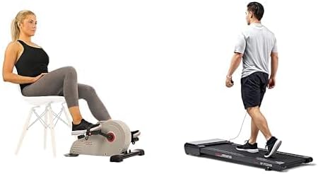 Sunny Health & Fitness Under Desk Bike Pedal Exerciser, Desk Elliptical Mini Bike + Sunny Health & Fitness Sleek Stride Smart Compact Auto Incline Treadpad Treadmill