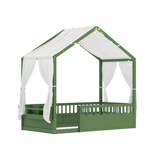 Image of Bellemave Twin House BedFrame with Canopy, Montessori House Bed with LED and Bookshelf and Rails for Kids, Green