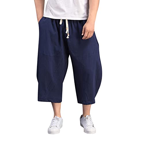 Pantalones capri para hombre, transpirables, holgados, para verano, playa, con bolsillos laterales, cómodos pantalones de algodón y lino con cintura elástica, pantalones cortos largos y ligeros, azul