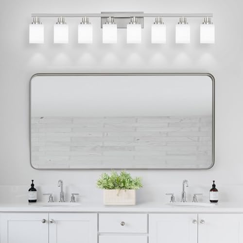 Image of 8-Light Bathroom Light Fixtures Brushed Nickel Vanity Light 52in