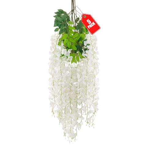 ZEBMOON 5 Pack White Wisteria Hanging Flowers, 3.44 Ft Fake Hanging Flowers, Artificial Wisteria Garland Vines for Wedding Room Backdrop Outdoor Patio Garden Decoration