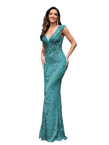 Image of Womens Sequined Long Evening Gown Glamous Sleeveless V-Neck Mermaid Prom Dress for Wedding Party Club Occasions