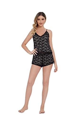 Aceahiha Lace Mesh Women's Cami Pajamas Set V-Neck Sleeveless Tops And Shorts Set Two Piece Adjustable Strap Sleepwear(As1, Alpha, Xx_L, Regular, Regular, Black) #TOP6