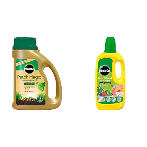 Image of Miracle-Gro Patch Magic Grass Seed, Feed and Coir, 1015 g, Green & Pour and Feed Liquid Plant Food, 1L