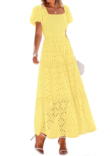Image of PRETTYGARDEN Summer Dresses for Women 2026 Eyelet Square Neck Puff Sleeve Smocked Wedding Guest Maxi Dress with Pockets