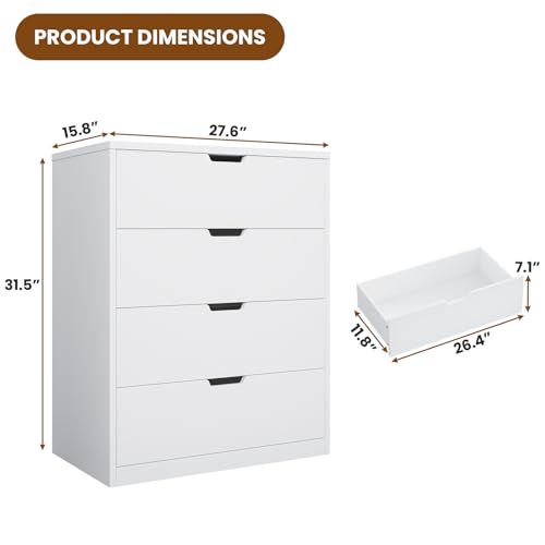 BTHFST 4 Drawers White Dresser for Bedroom, Modern Wood Chest of Drawers 4 Drawer Dresser with Large Capacity for Living Room, Closet, Hallway, Entryway