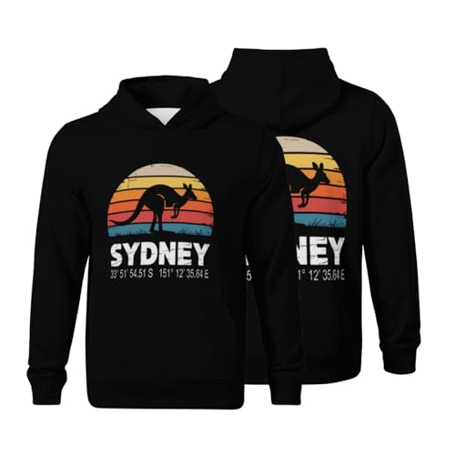 Kids Sydney Australia Retro Sun Kangaroo with GPS Coordinates Boys Girls Lightweight Kangaroo Pocket Fleece Hoodies