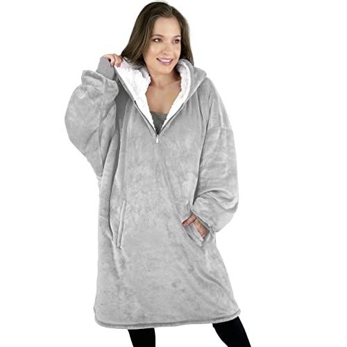 trekki Oversized Fleece Wearable Blanket Hoodie with Sherpa Lining, Silver Grey