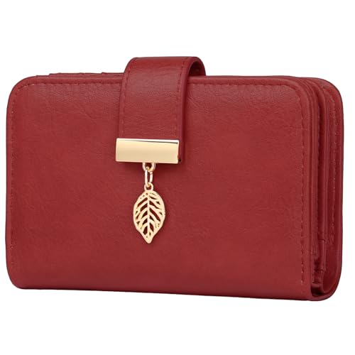 Faneam Cartera Monedero Mujer Pequeña, Carteras de Piel, Monederos Bloqueo RFID, Billetera Mujer con Cordón y Cremallera, 14 Ranuras para Tarjetas (Retro-Rojo)