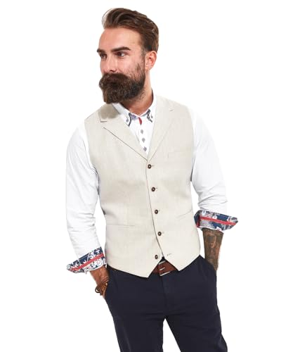 Joe Browns Men's Classic Cream Herringbone Lapel Collared Waistcoat with Contrast Satin Lining, 52