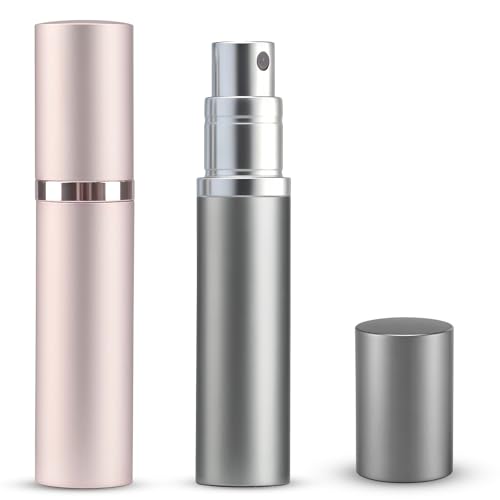 TonJin 2 PCS 5ml Travel Perfume Atomiser Refillable, Small Portable Empty Spray Bottle, Leakproof & Easy To Refill Perfume Decanter Cologne Dispenser for Women and Men(Grey & Pink)