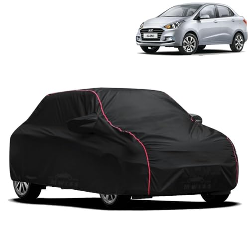 Image of Waterproof Car Cover for Hyundai Xcent | All-Weather Protection, Dustproof & UV Resistant | Triple Stitched Mirror Pockets, Windproof Buckle Strap with Elastic Hem, Black-Red Piping