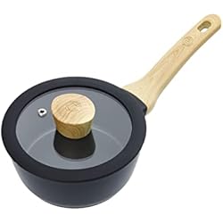 Cacerola De Madera MasterChef Cazo Cocina, Cacerola Antiadherente, con Mango de Madera y Tapa, Pequeño, por Pasta, Sopa & Leche, Aluminio, Revestimiento Antirayaduras, Apta para Lavavajillas, 18cm, Negro