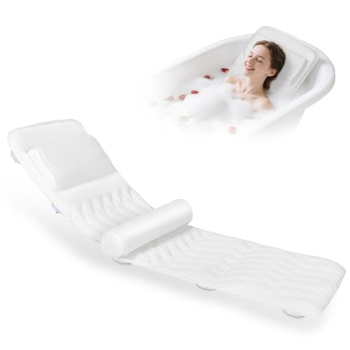 Cojín para Bañera de Cuerpo Entero 123×40 cm para Personas de 160-180 cm de Altura, Alfombrilla para Bañera con Reposacabezas Que Sostiene el Cuello y la Espalda,Agradable para la, Blanco