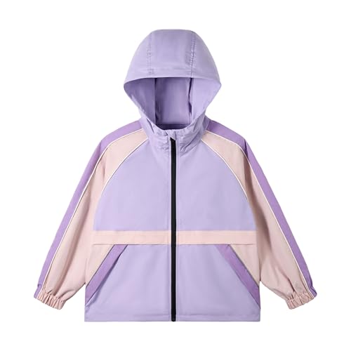 Image of Rolanko Girls Waterproof Jacket with Hooded, Kids Boys Lightweight Windbreaker Raincoat Zip Outdoors Jackets, Purple, Size: 14-15 Years, 170