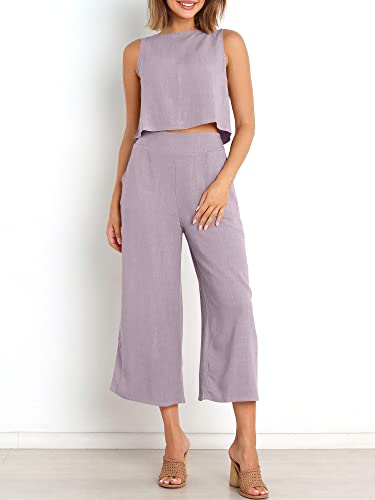 Image of ANRABESS Women's Summer 2 Piece Outfits Sleeveless Tank Crop Button Back Top Cropped Wide Leg Pants Set Pockets