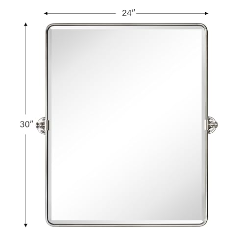 Image of Farmhouse Pivot Rectangle Bathroom Mirror Brushed Nickel Metal Framed Tilting Beveled Vanity Mirrors for Wall, Overall 27.91x 30 inches (Mirrror 24 x 30 inches)