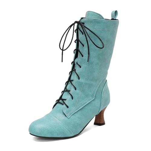 CSRZPMG Women Victorian Boots Witch Costume Renaissance Kitten Heel Retro Mid Calf Fashion Dress Shoes Chunky Heel Lace up Round Toe Pirate Vintage High Heel Boot