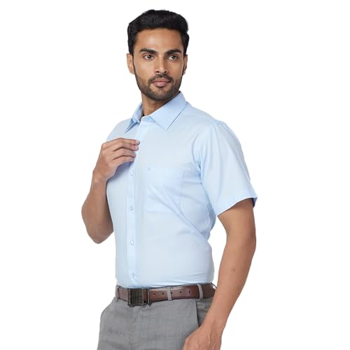Image of Raymond Men Contemporary Fit Solid Pattern Pure Cotton Semi Cutaway Collar Half Sleeve Formal Shirt
