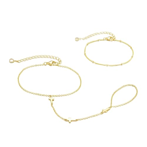 2 Piece Dainty Gold-Tone Plated Multi-Layer Symbol Hand Chain Ring Bracelet, Finger Bracelet for Women, Elegant Symbolic Jewelry
