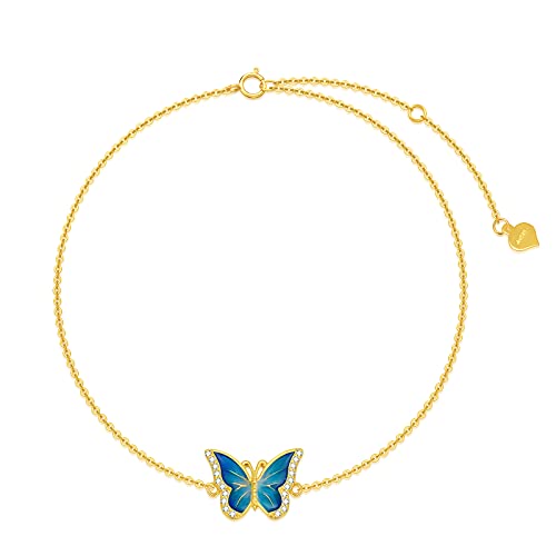 SISGEM Real 14k Gold Blue Butterfly Bracelet for Women, Solid 14 Karat Gold Animal Lover Wrist Jewelry Gifts for Her, 6.8-8.4