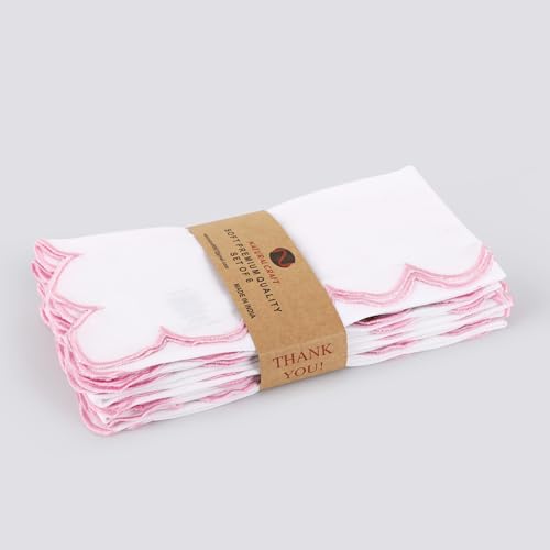 Scalloped Embroidery Cloth Napkins Premium Quality Table Decor Spring and Summer 100% Cotton Reusable Washable Napkin -18 x 18 inch (SL-White Napkin with Blush Pink Edges, Pack of 4)