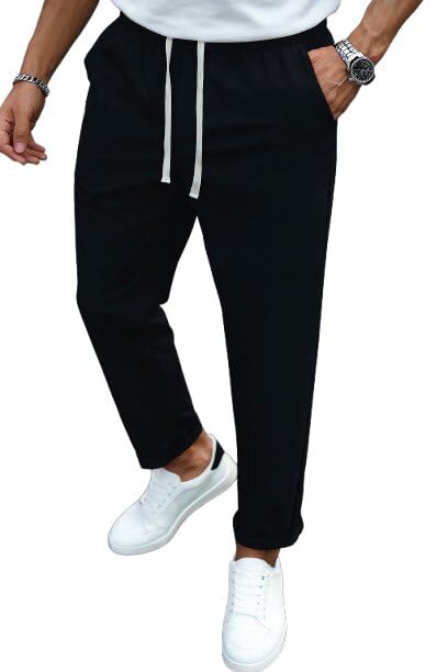 dhanabapa Men’s Loose Fit Wide Leg Trousers High Waist Track Pants Casual Lounge Wear with Elastic Waist Drawstring Soft Fabric Comfortable Stylish Bottoms (in, Alpha, L, Black)-picture-26
