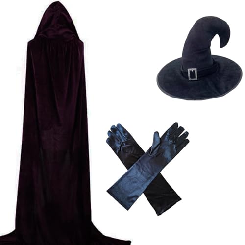 Costume d'Halloween pour adulte avec cape en velours et chapeau de sorcière