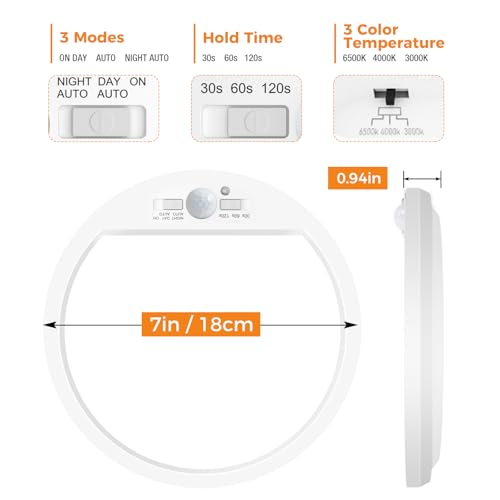 Slochi 2Pack Motion Sensor Ceiling Light Wired, 3000K/4000K/6500K Motion Sensor Light Indoor, 15W 1500LM 7 In Closet Lights Motion Sensored with Timer, Flush Mount Light for Hallway Wall Pantry, White by slochi - Image 7