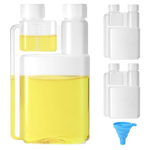 Annickee 3 Stück Doppelhals Dosierflasche aus PEHD, 1 x 1 Liter ungefüllt mit 100 ml Dosierkammer, 2 x 100ml mit Dosierkammer 5ml, Ölmessbecher mit Silikontrichter, für Scooter, Motorrad, Universal