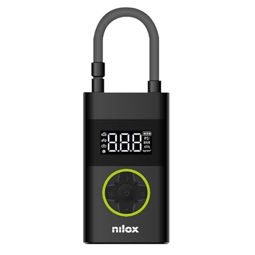 Nilox Mini Compressore Portatile con batteria 4000 mAh, Compressore Aria Portatile Auto, Bici, Moto, Scooter e Palloni, con schermo LCD e torcia LED, pressione 150 psi