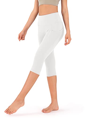 Ododos Women's High Waisted Yoga Capris With Pockets,Tummy Control Non See Through Workout Sports Running Capri Leggingss, White,X-Large #TOP1