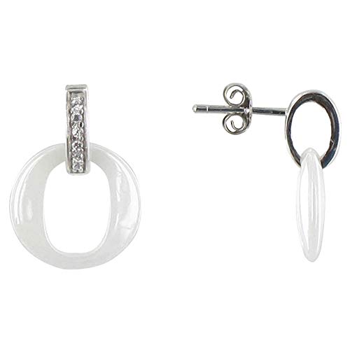 LES POULETTES BIJOUX - Boucles d'Oreilles Argent Rhodié et Petit Cercle Céramique - Classics - Blanc