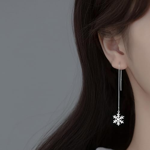 SLUYNZ 925 Sterling Silver Christmas Snowflake Earrings Dangle Chain for Women Teens Snowflake Dangle Earrings Long Threader Earrings2