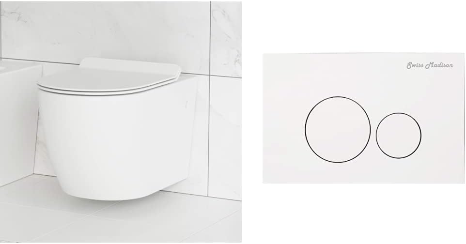 Swiss Madison Well Made Forever SM-WT449 St. Tropez Wall Hung Toilet (Glossy White) and SM-WC001W Actuator Flush Plate (White)
