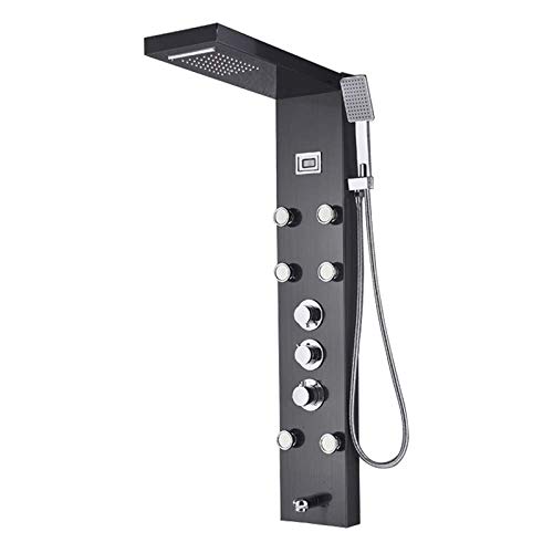 Juego de Ducha Termostática para Baño, Columna de Ducha Negra con Cabezal Lluvia y Cascada, Panel de Ducha con Control Digital de Temperatura y 5 Funciones miniatura 1