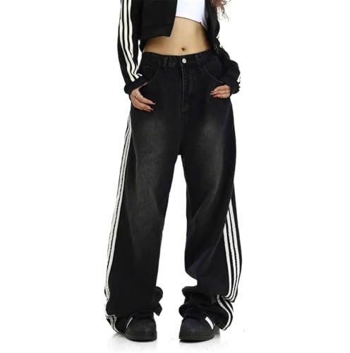 Women American Style Retro Striped Loose Fit Low Waist Slimming Long Jeans Drag Floor Length Denim Pants4