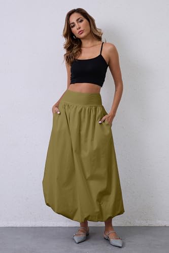 Jeaamksser Y2K Bubble Maxi Skirts For Women A Line Long Pleated Casual Summer Skirts 2024 Elastic Waist Balloon Midi Skirt # Green S thumb #1