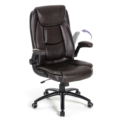 Image of 300lbs Capacity Executive Desk Chair with Ergonomic Lumbar Support, Flip-up Arms & High Back Leather Computer Chair for Home /Office, Brown