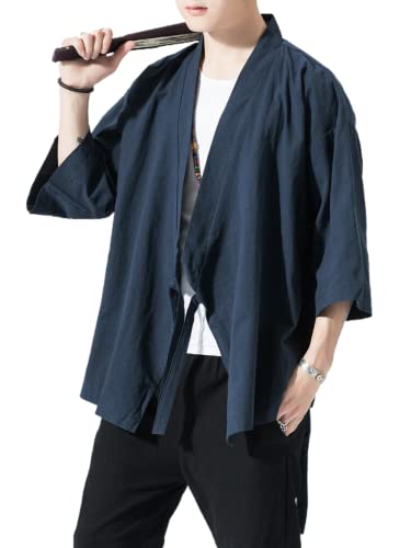 Men's Japanese Kimono Cardigan Loose Cotton Linen 3/4 Sleeve Open Front Casual Summer Shirt Jackets2