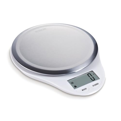 NUTRI FIT Báscula electrónica digital profesional de acero inoxidable con pantalla LCD grande de precisión de 1 g, máximo 5 kg, tara de apagado automático (blanco)