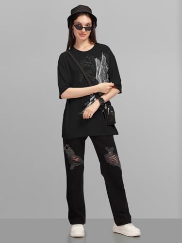 Image of HELLCAT Beige Trendy Printed Oversized T-Shirt for Women