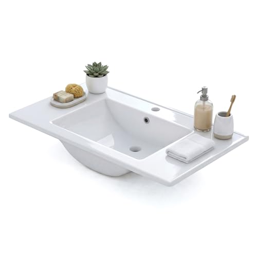 Miniatura 2 de Duehome Lavabo Cerámico Color Blanco, Pila Lavamanos Rectangular, Modelo Volga, Medidas: 81,5 Cm Ancho X 13 Cm Alto X 46 Cm Fondo