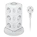 Regleta Vertical Torre Enchufes Proteccion sobretension de 12 Tomas Corrientes（2500W/10A） y 3 Rápida USB Tomas,Luz Nocturna LED Táctil，Cable de 2M,Blanco
