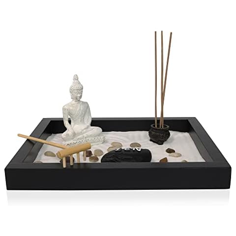 Japanese Mini Zen Garden Sand Box Kit with Incense Holder and White Miniature Buddha Statue - Zen Decor for Relaxation and Meditation - Home Decor, Office Accessory, Gift Set Cover
