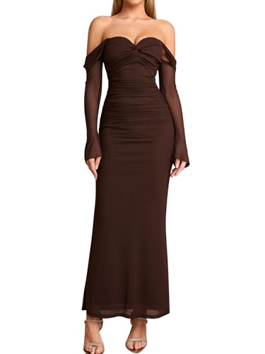 KUTUMAI Off Shoulder Long Sleeve Formal Dress Elegant Bodycon Ruched Cocktail Wedding Guest Dresses for Women 2025 Fall