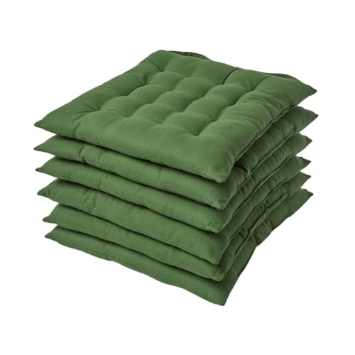 HOMESCAPES Dark Olive Green Seat Pads for Dining Chair, Set of 6 100% Cotton Chair Pads with Straps, 40x40 cm
