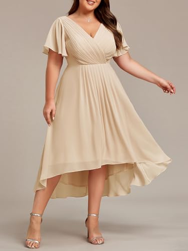Image of Ever-Pretty Plus Summer Short Sleeves V-Neck Formal Wedding Guest Dresses for Curvy Women Chiffon Midi Cocktail Party Dress